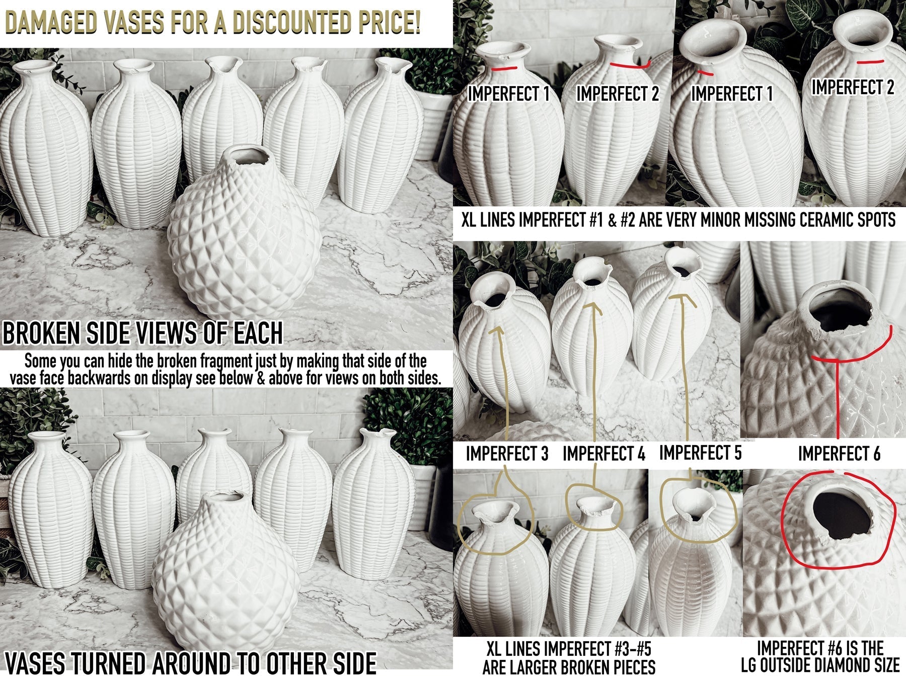 Imperfect Whitney Vases Slightly Damaged Discounted Ceramic Tabletop Vases