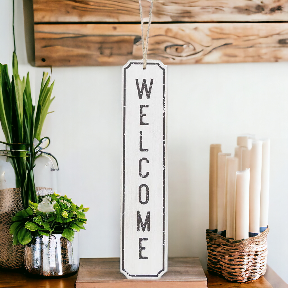 Wooden Welcome Hanging Sign Door Decor White Black Farmhouse Rustic 12 x 2.5 in
