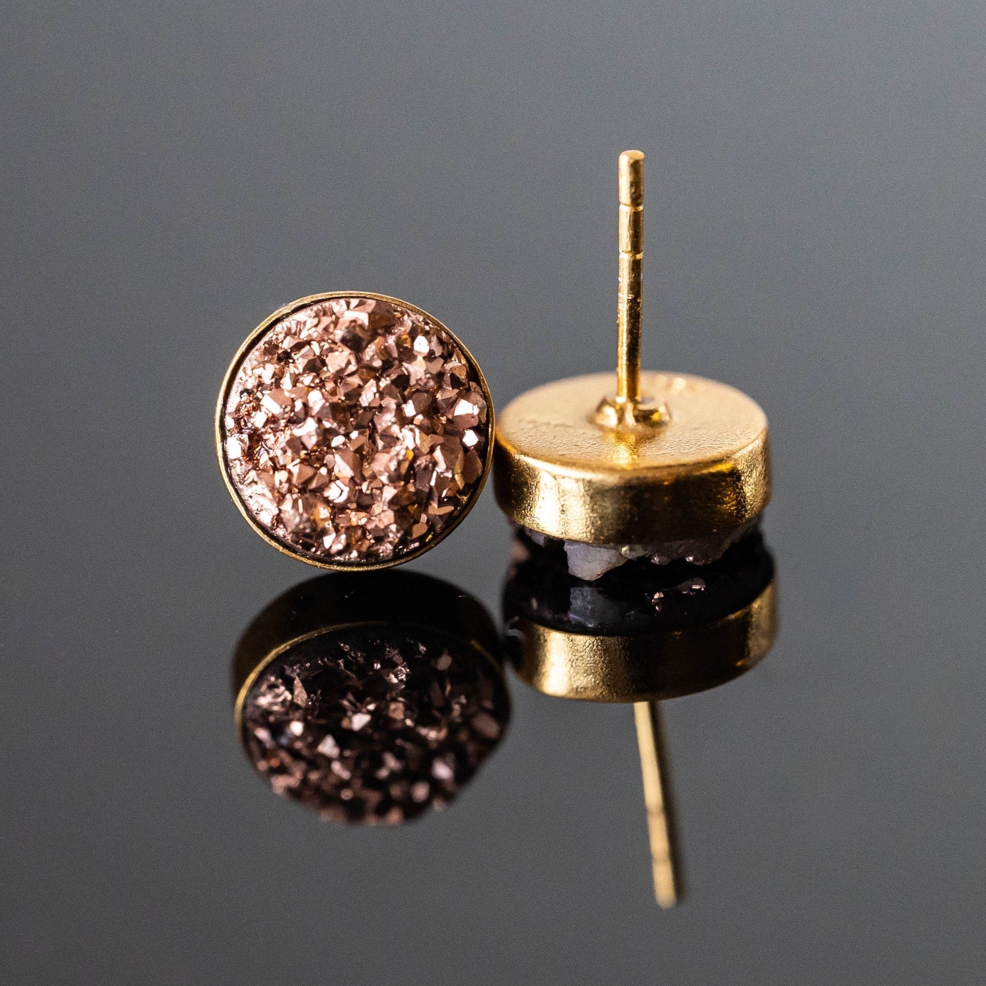 Druzy Round Stud Earrings Pink Crystal Gold Plated Style