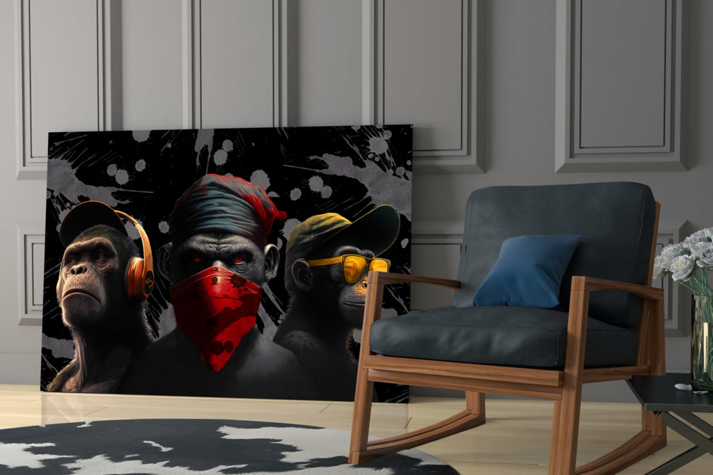 3 Wise Monkeys Glass Wall Art  || Designer Collection