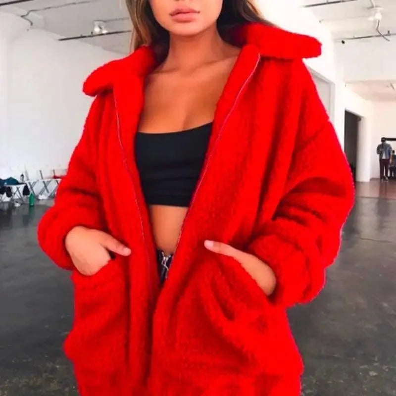 Durable Autumn Winter Faux Fur Coat For Women Casual Warm Soft Zipper Fur Jacket Plush Overcoat Pocket Plus Size Teddy Coat For Female