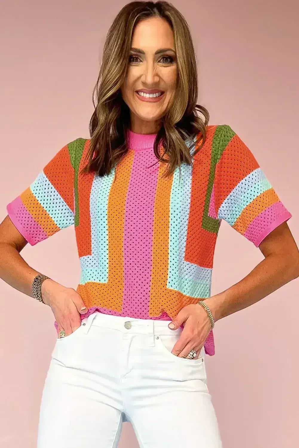 Orange Colorblock Eyelet Casual Knit T Shirt
