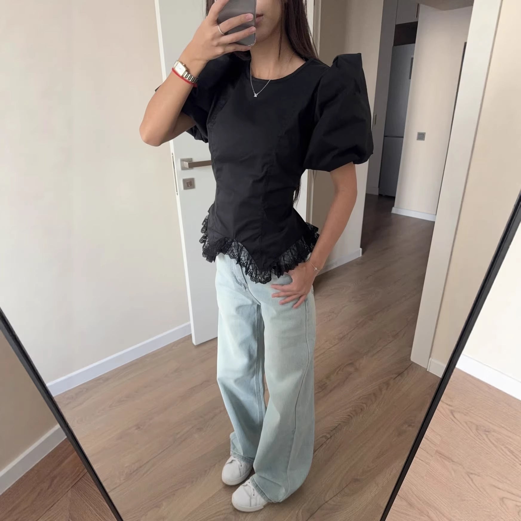 Fashionable Casual Top With Flared Hem And Puff Sleeves