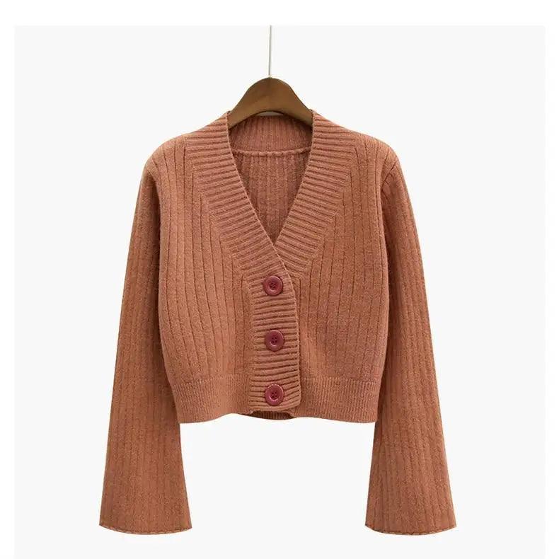 Elegance Cardigan Autumn Long Flare Sleeve Short Sweater Women Ribbed Knitted Cotton Tops Black White Ladies Soft Outwear Female