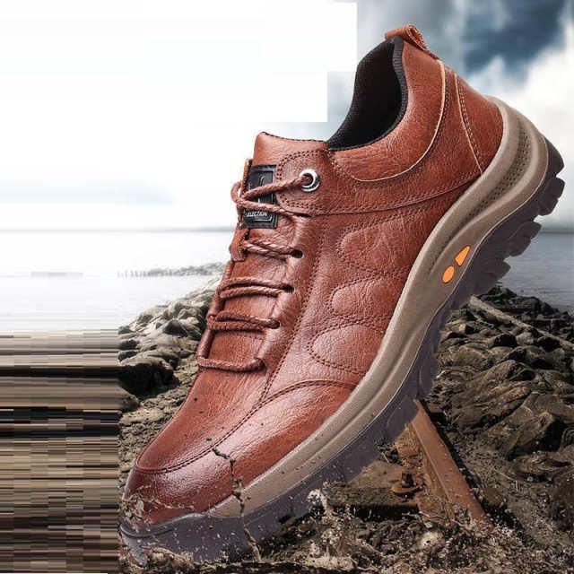 Elegant Black Leather Mens Business Boots Platform Winter Sneakers Without Lace Safety Shoe Quick-Drying Tactical Shoe Comfortable Sneaker Hiker Lightweight Ankle Motorcycle Mountain Running Short Boot