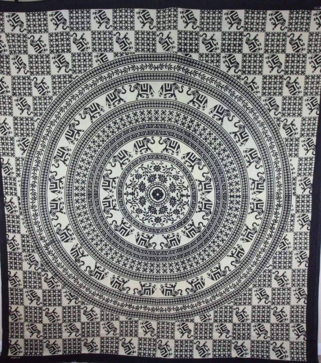 Elephant Mandala Checkerboard Wall Tapestry Black White