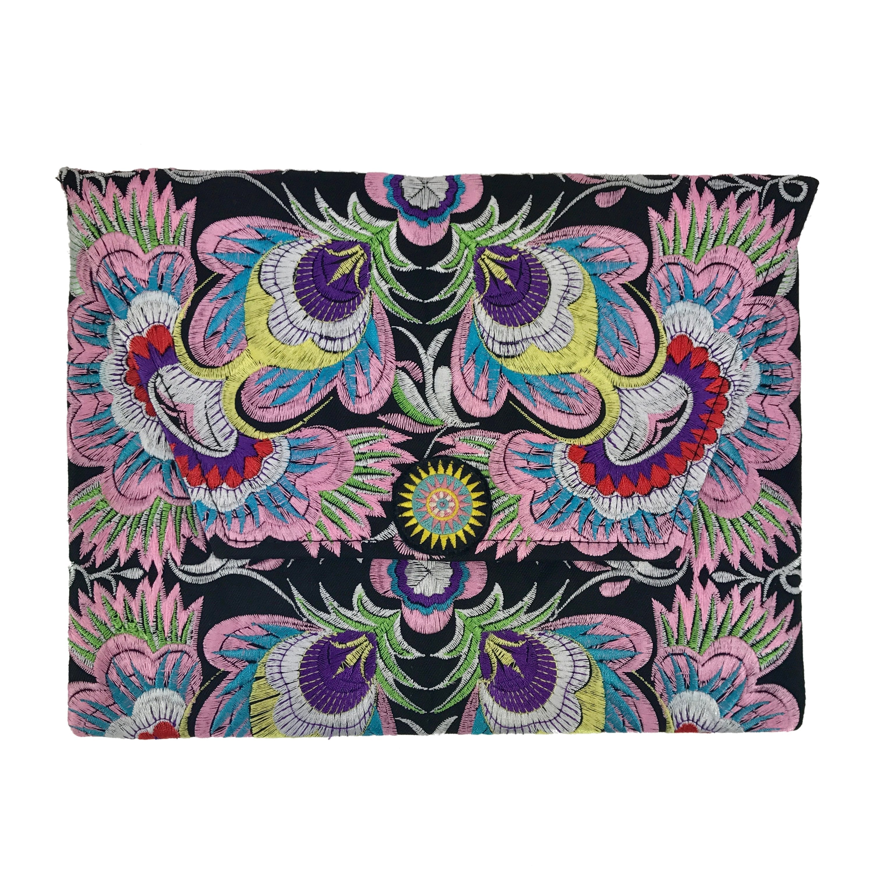 Embroidered Flower Clutch Handmade Hmong Thai Embroidery Boho Evening Bag