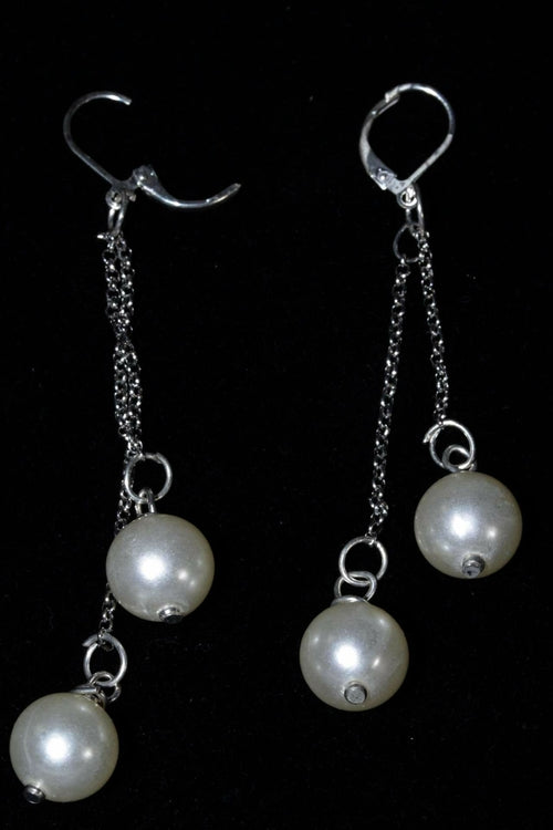 Faux Pearl Dangle Earrings Long Silver Chain Bridal