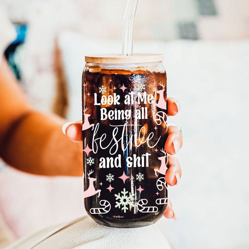 Festive 17oz Holiday Travel Mug Pastel Reindeer Snowflake Candy Cane Cup