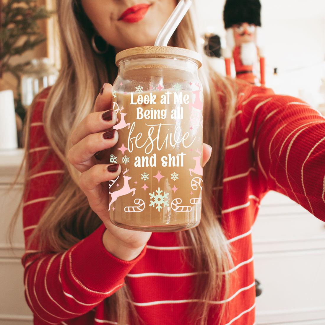 Festive 17oz Holiday Travel Mug Pastel Reindeer Snowflake Candy Cane Cup