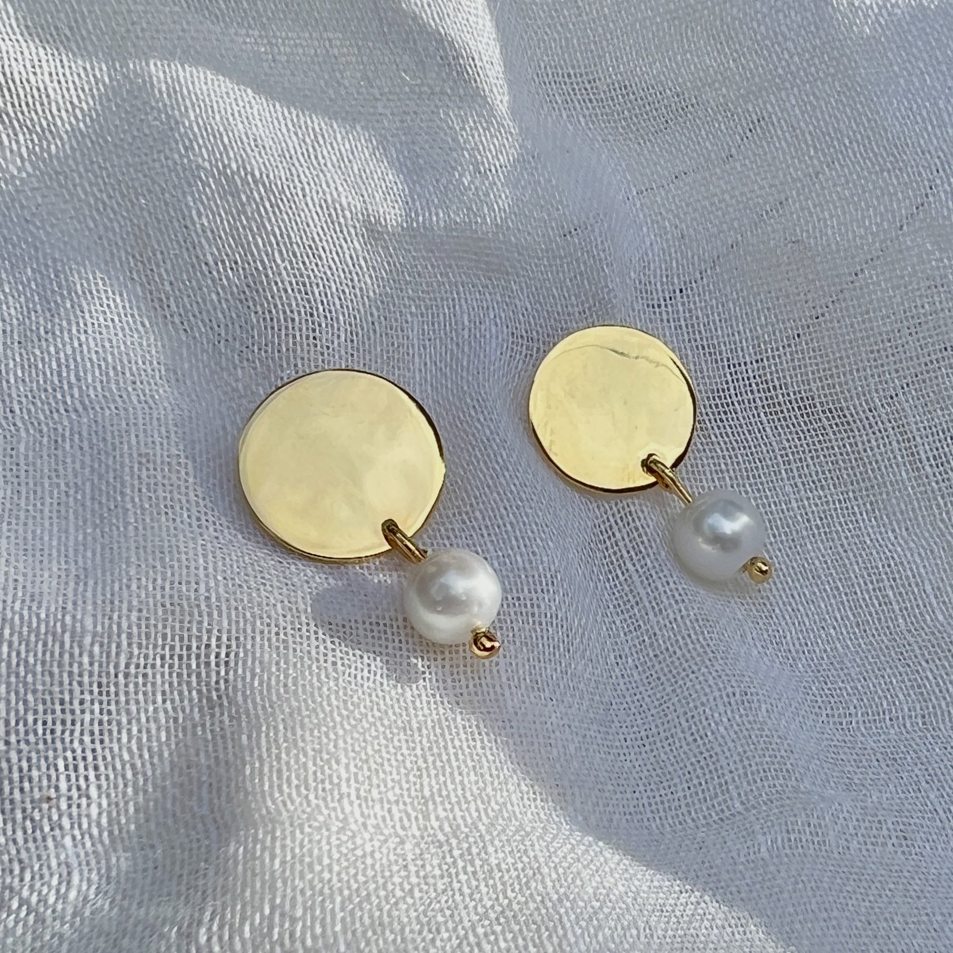 Freshwater Pearl Disc Earrings Recycled Shell Gold Plated Minimalist 1920s