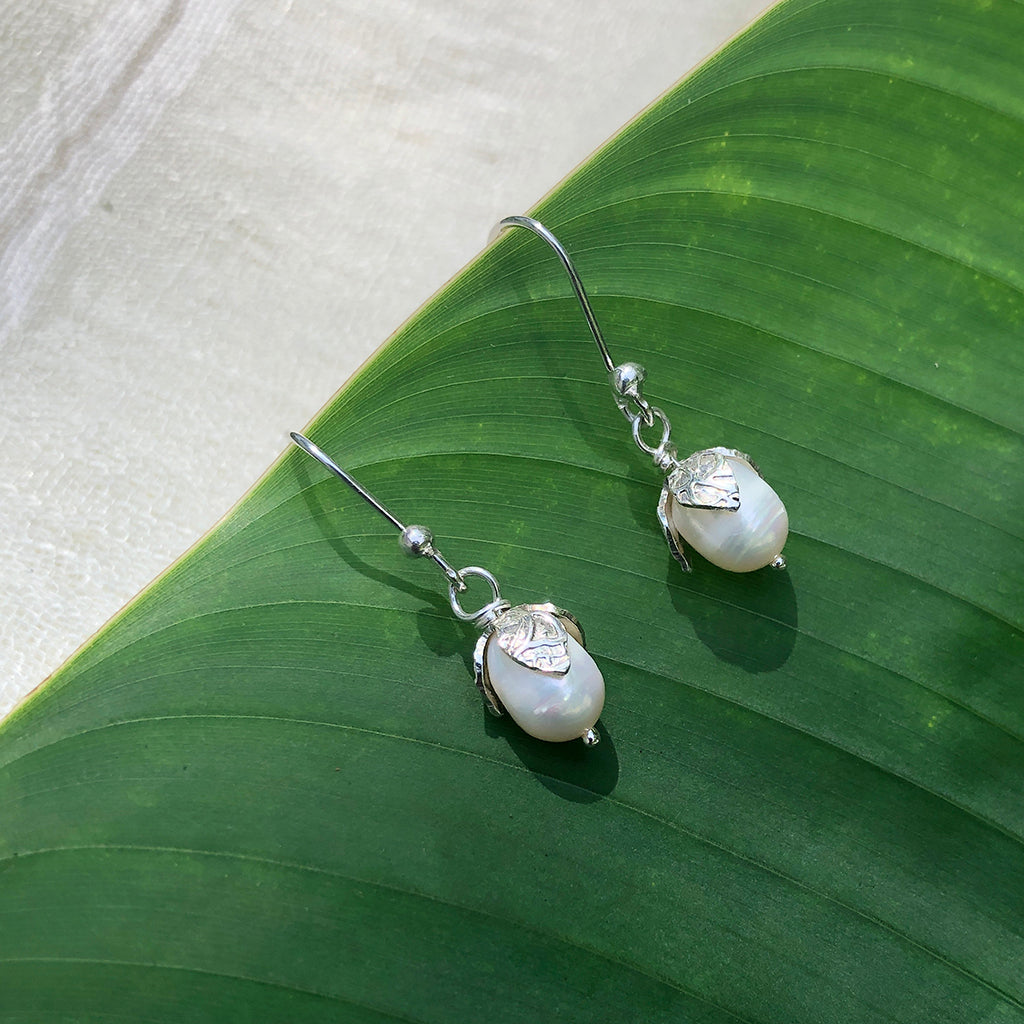 Freshwater Pearl Teardrop Earrings Sterling Silver Leaf Detail 1.5in Handmade