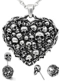 Gothic Skull Heart Necklace Earrings Set Silver Tone