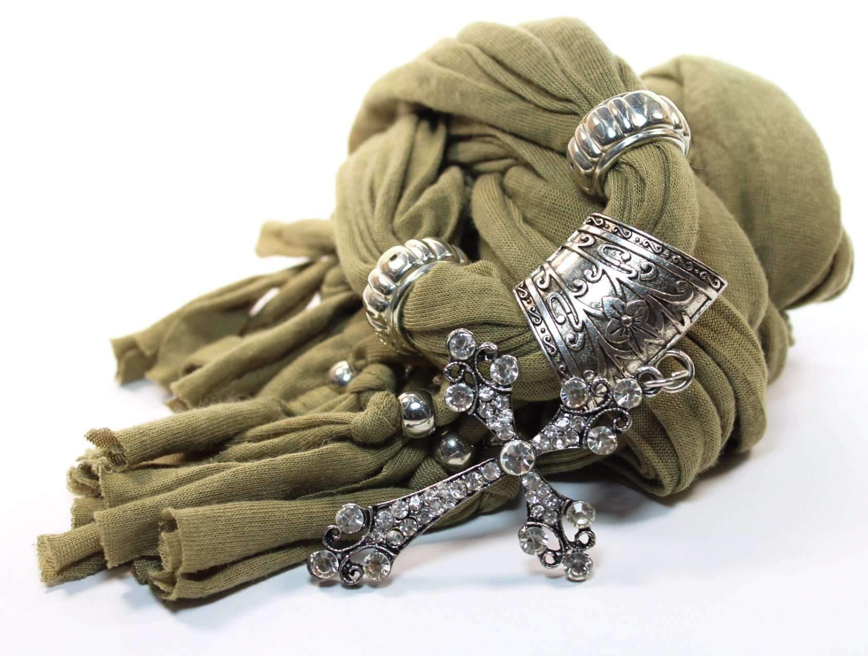 Green Rustic Cross Pendant Scarf With Rhinestone Charm