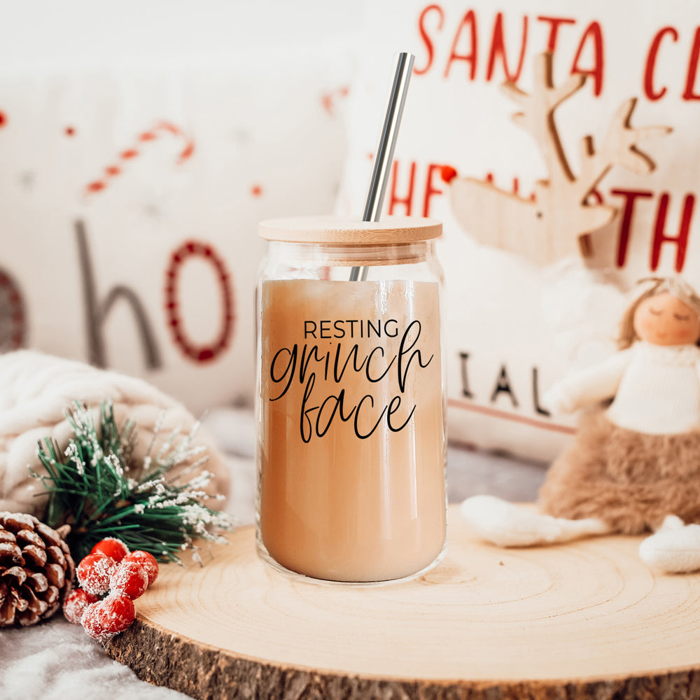 Grinch Face 17oz Glass Tumbler With Bamboo Lid and 2 Stainless Straws Holiday