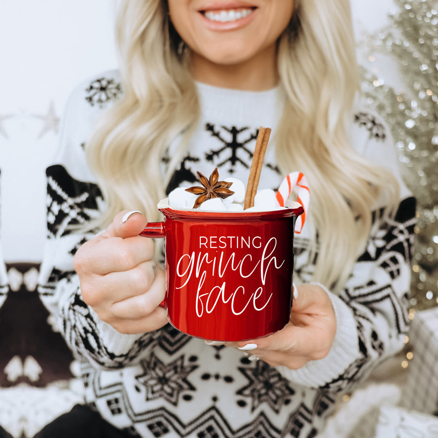 Grinch Face Mug 14.5oz Ceramic Campfire Mug Red Green Funny Holiday Coffee Cup