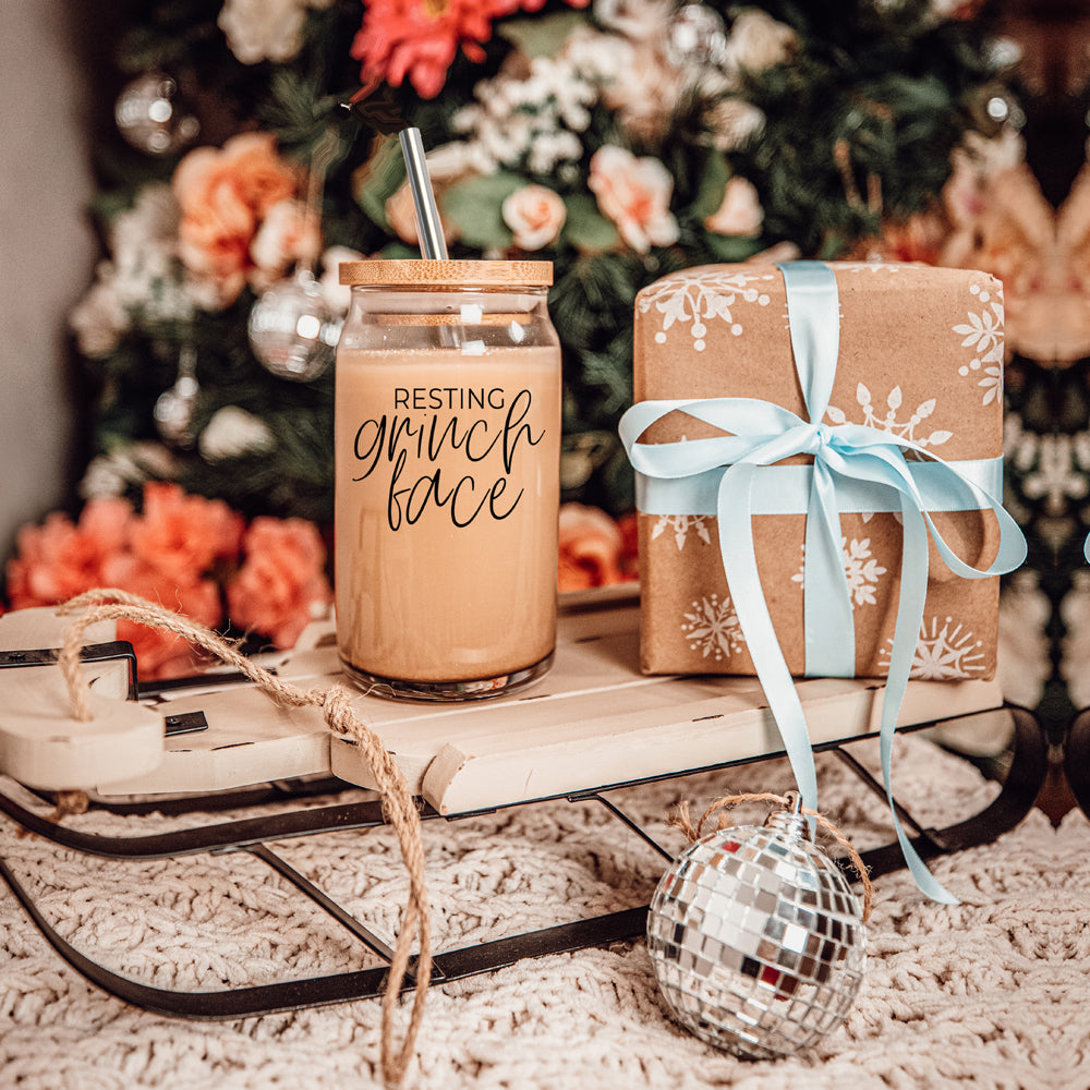 Grinch Face 17oz Glass Tumbler With Bamboo Lid and 2 Stainless Straws Holiday