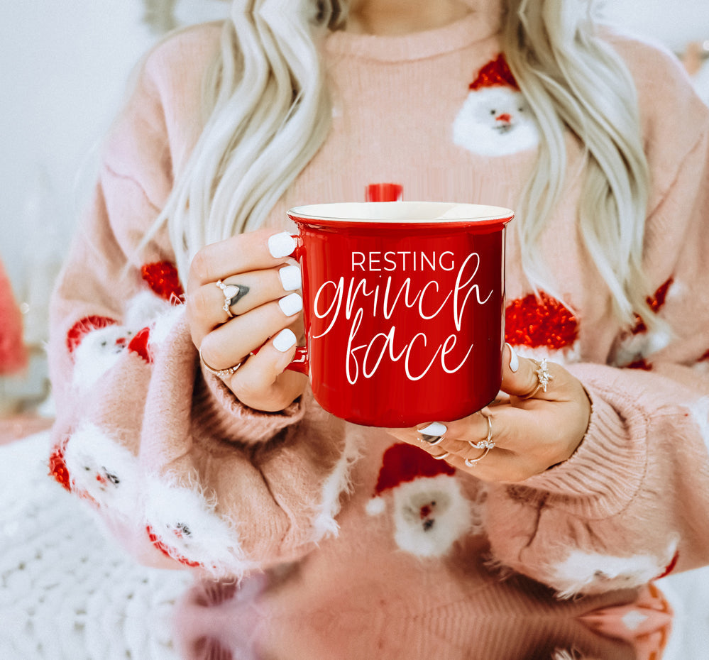 Grinch Face Mug 14.5oz Ceramic Campfire Mug Red Green Funny Holiday Coffee Cup