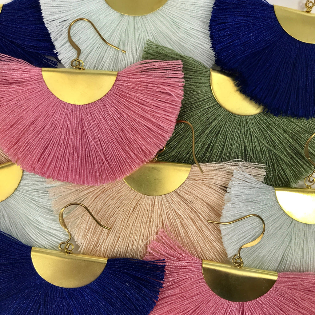 Half Moon Fan Tassel Earrings Boho Cotton Brass Lightweight Fringe Drop 3in