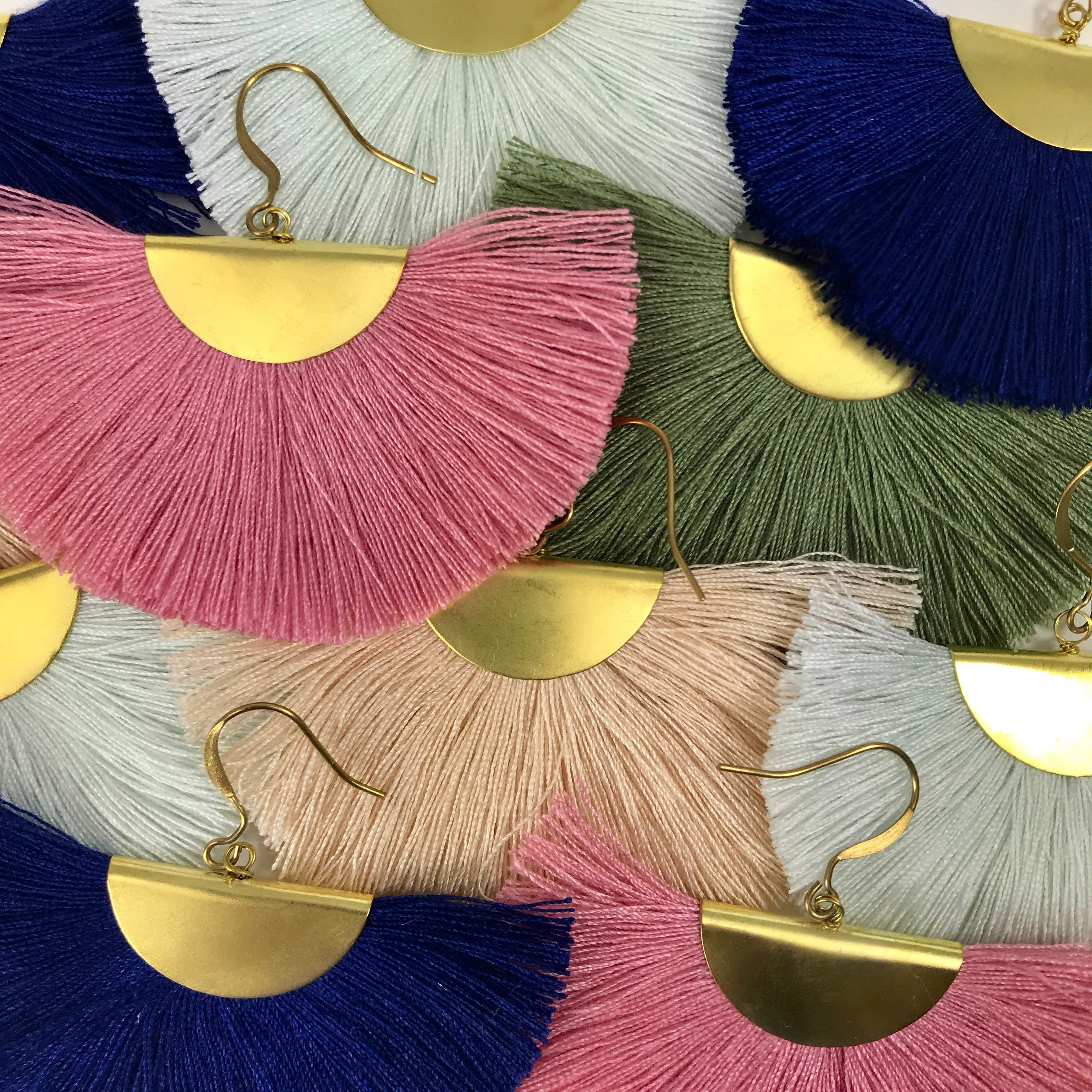 Half Moon Fan Tassel Earrings Boho Cotton Brass Lightweight Fringe Drop 3in