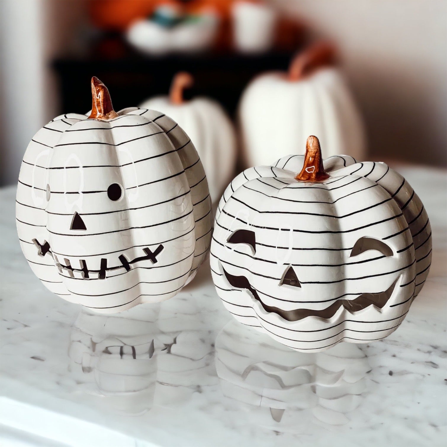 Hand Painted Black White LED Striped Pumpkin Minimalist Fall Halloween Decor