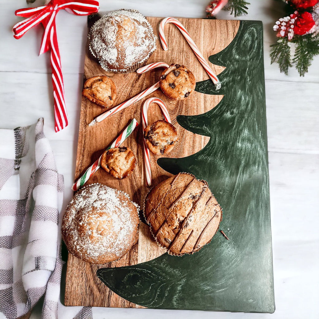 Christmas Charcuterie Serving Board Wood Resin Handcrafted Marbled Tree Inlay