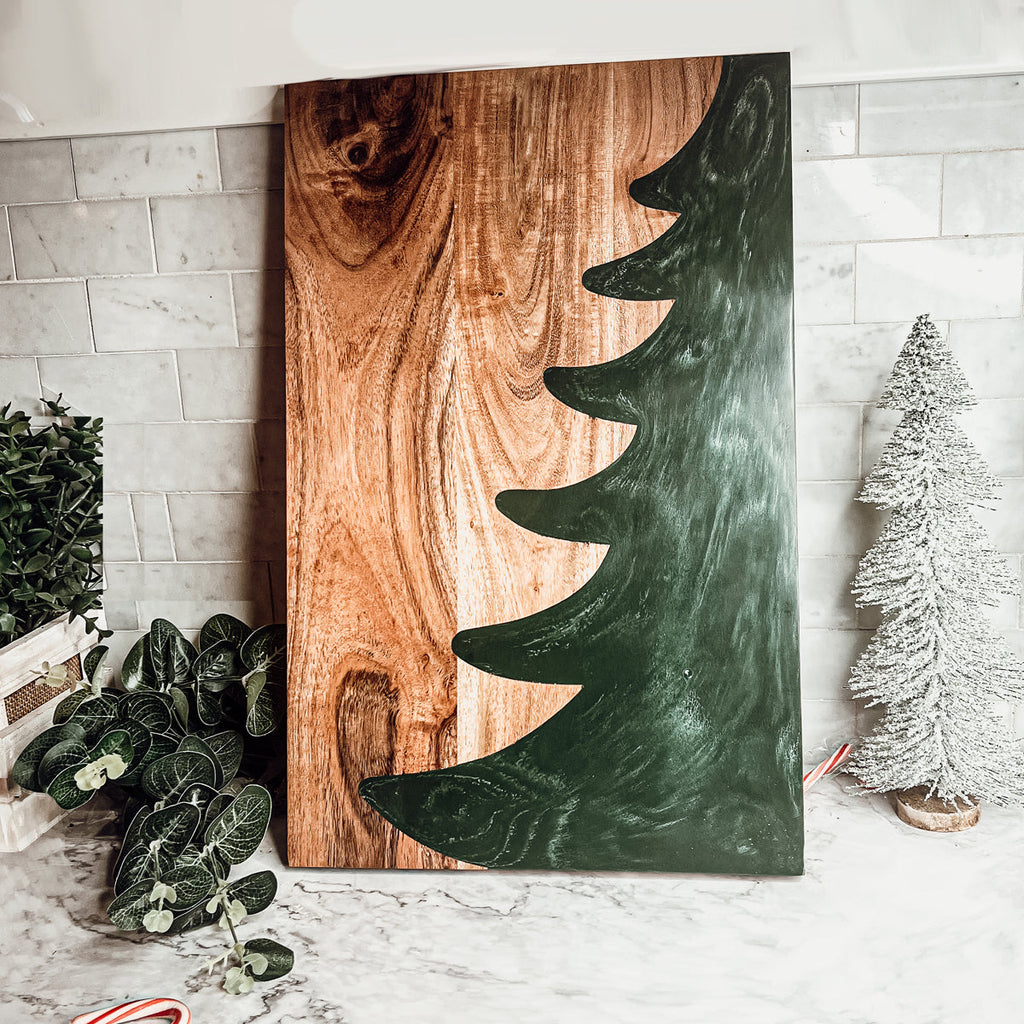 Christmas Charcuterie Serving Board Wood Resin Handcrafted Marbled Tree Inlay