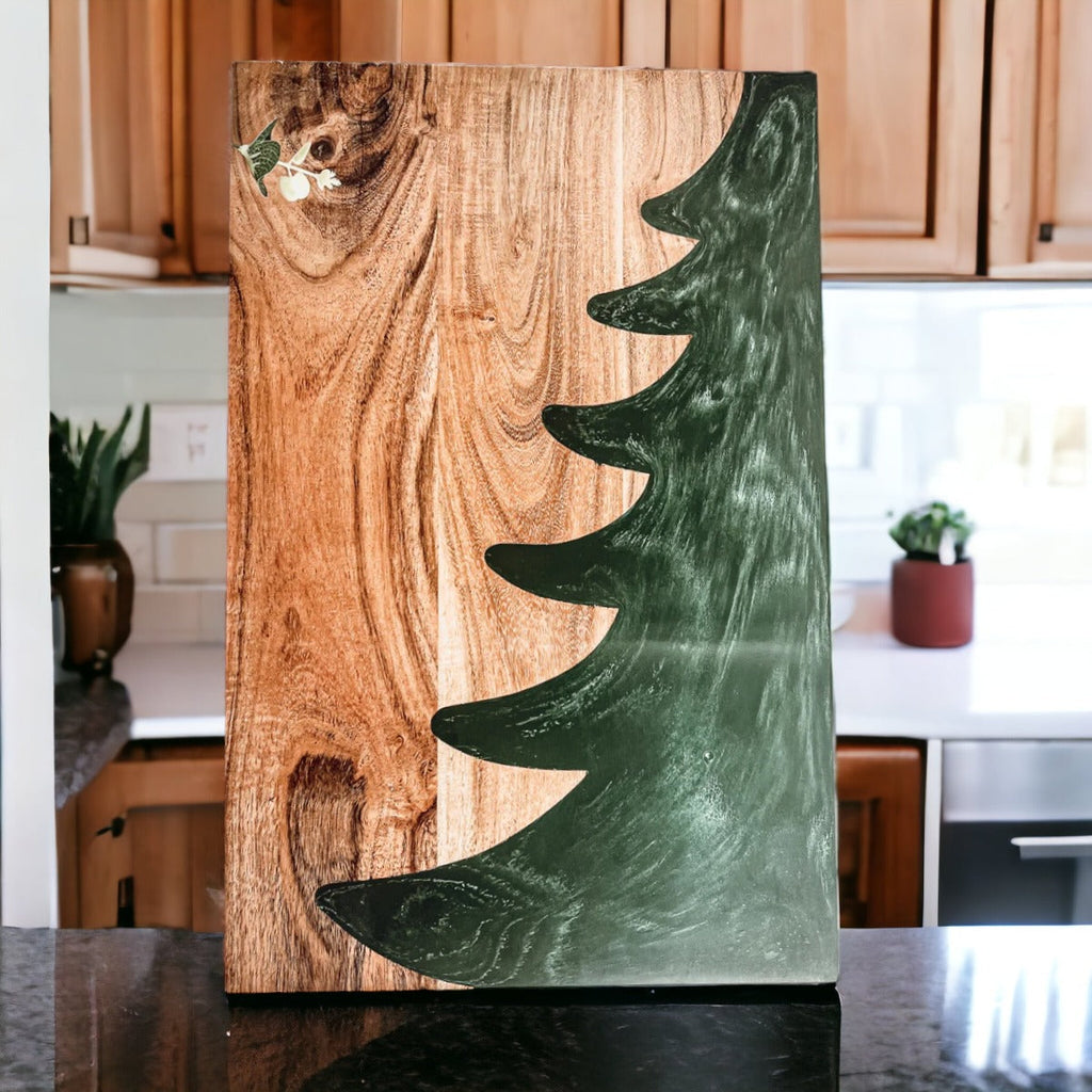 Christmas Charcuterie Serving Board Wood Resin Handcrafted Marbled Tree Inlay