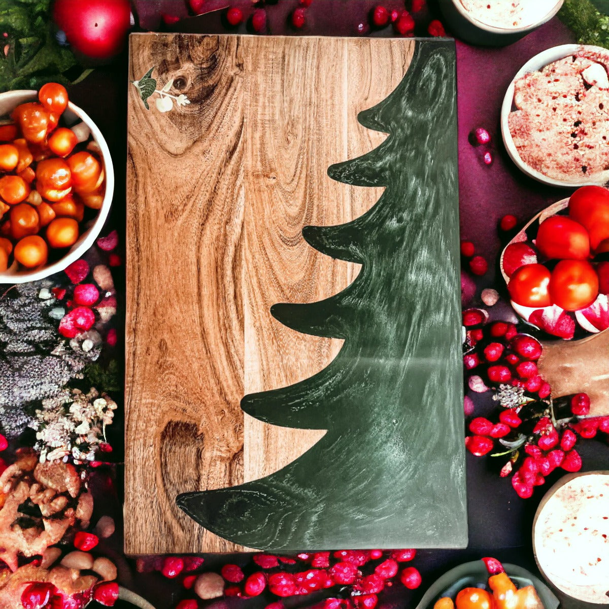 Christmas Charcuterie Serving Board Wood Resin Handcrafted Marbled Tree Inlay