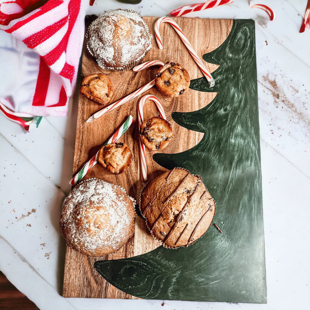 Christmas Charcuterie Serving Board Wood Resin Handcrafted Marbled Tree Inlay