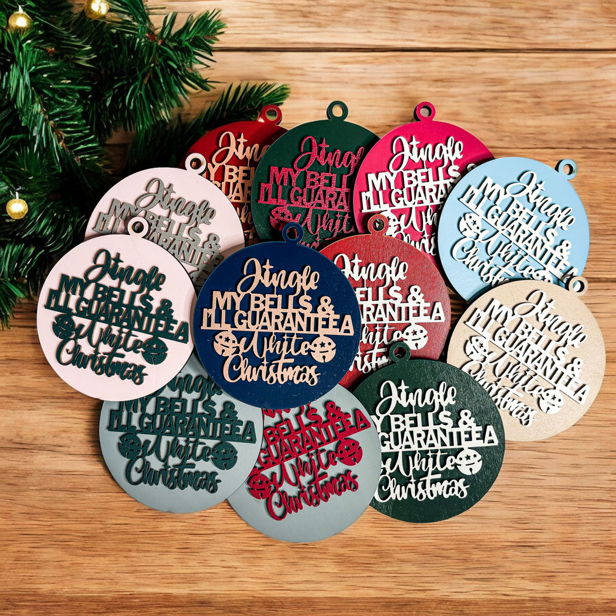 Handcrafted Wooden Christmas Ornaments Set Jingle Bells 12 Colors 3D