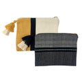 Handloom Stripe Cosmetic Bag Woven Pom Pom Tassel Lined Wristlet Makeup Clutch