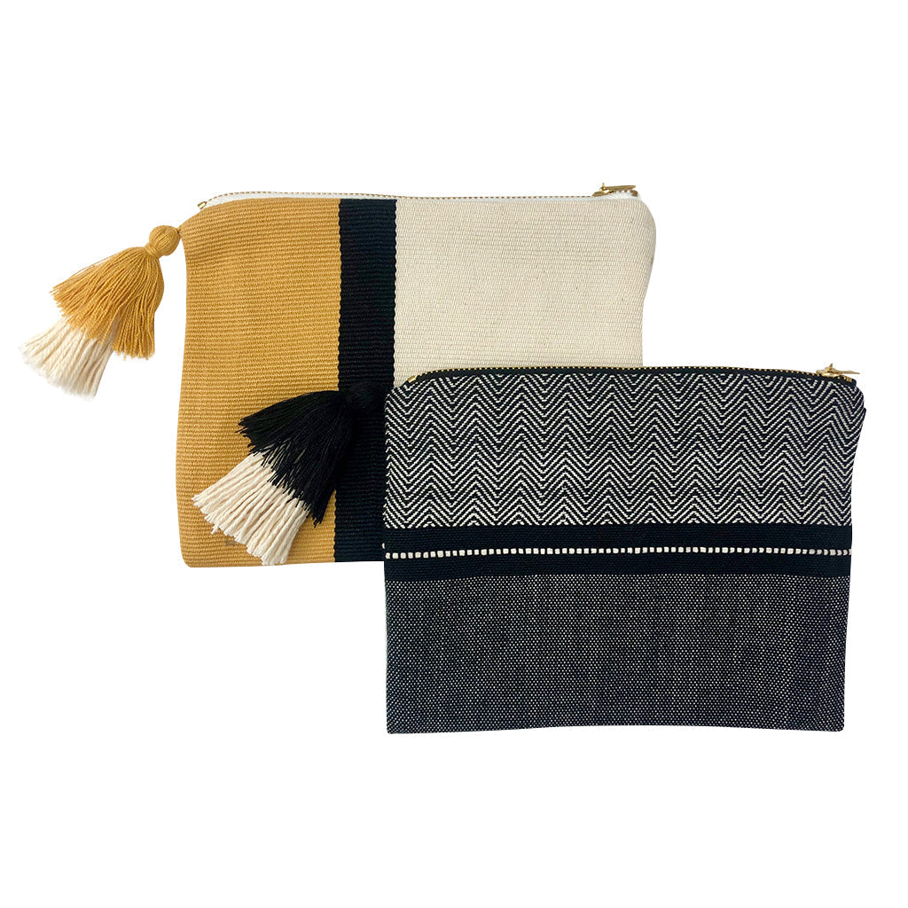 Handloom Stripe Cosmetic Bag Woven Pom Pom Tassel Lined Wristlet Makeup Clutch