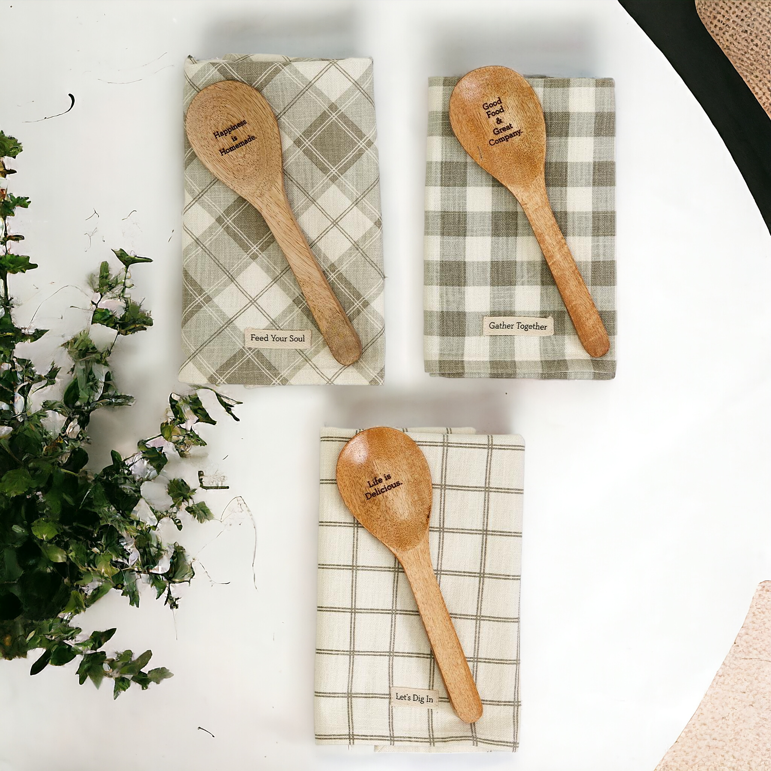 Happiness Is Homemade Wooden Spoon And Checkered Dish Towel Gift Set