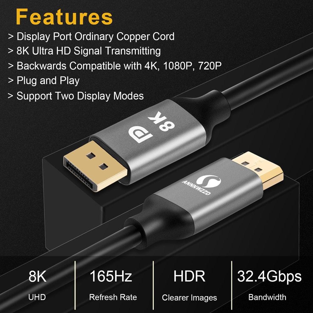 High Speed 32.4Gbps Slim And Flexible 1.4 8K 4K HDR 60Hz DisplayPort Cable Adapter For Video PC Laptop TV Monitor