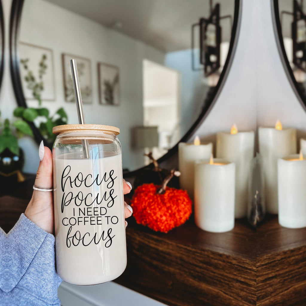 Hocus Pocus 17oz Glass Tumbler Bamboo Lid, Stainless Straws, Coffee Quote