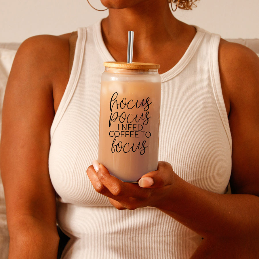 Hocus Pocus 17oz Glass Tumbler Bamboo Lid, Stainless Straws, Coffee Quote