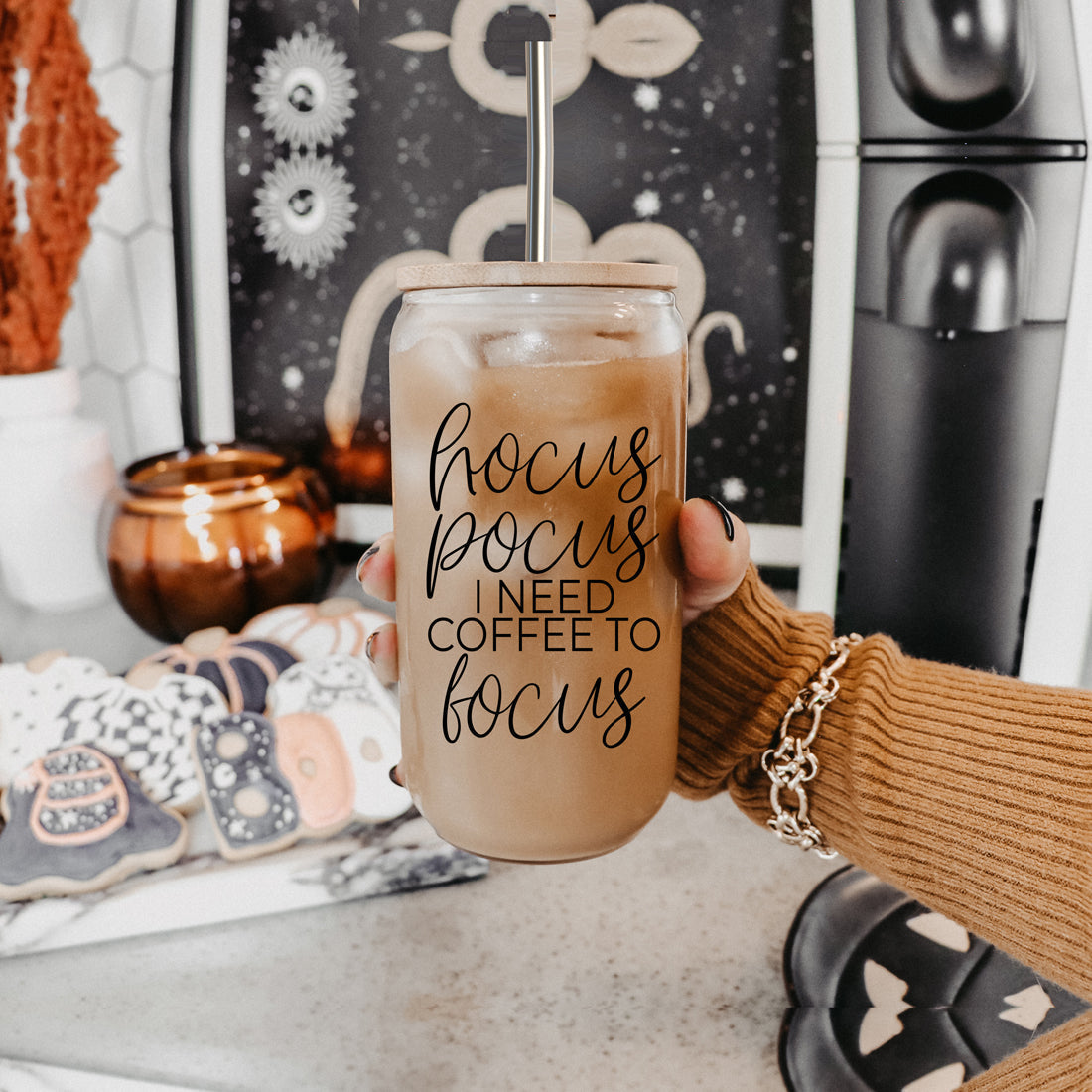 Hocus Pocus 17oz Glass Tumbler Bamboo Lid, Stainless Straws, Coffee Quote