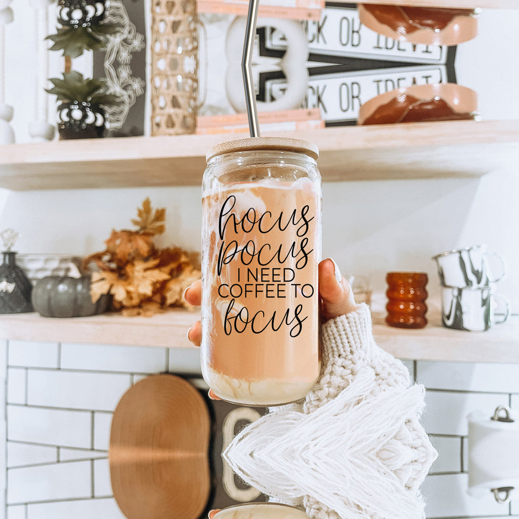 Hocus Pocus 17oz Glass Tumbler Bamboo Lid, Stainless Straws, Coffee Quote