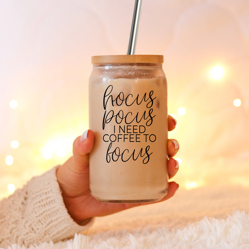 Hocus Pocus 17oz Glass Tumbler Bamboo Lid, Stainless Straws, Coffee Quote