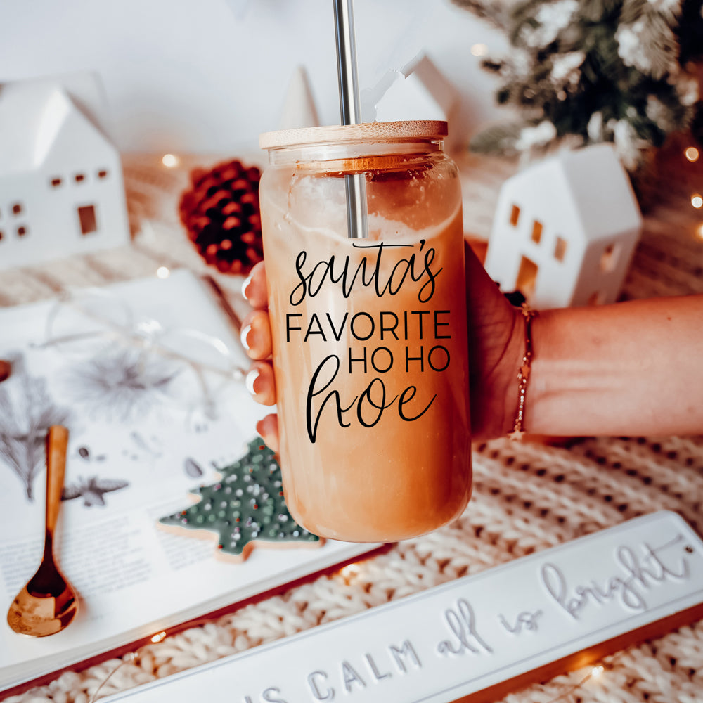 Holiday Santa Ho Ho Hoe 17oz Glass Tumbler With Bamboo Lid Stainless Straws And Straw Cleaner