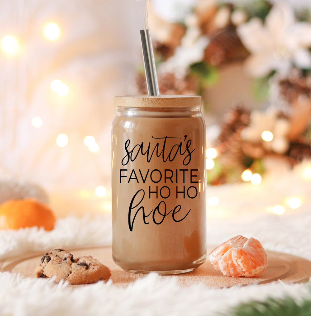 Holiday Santa Ho Ho Hoe 17oz Glass Tumbler With Bamboo Lid Stainless Straws And Straw Cleaner