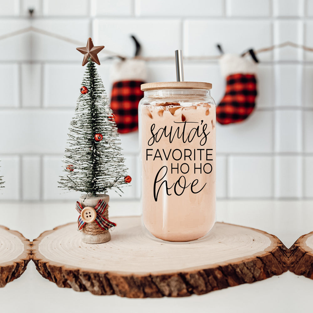 Holiday Santa Ho Ho Hoe 17oz Glass Tumbler With Bamboo Lid Stainless Straws And Straw Cleaner
