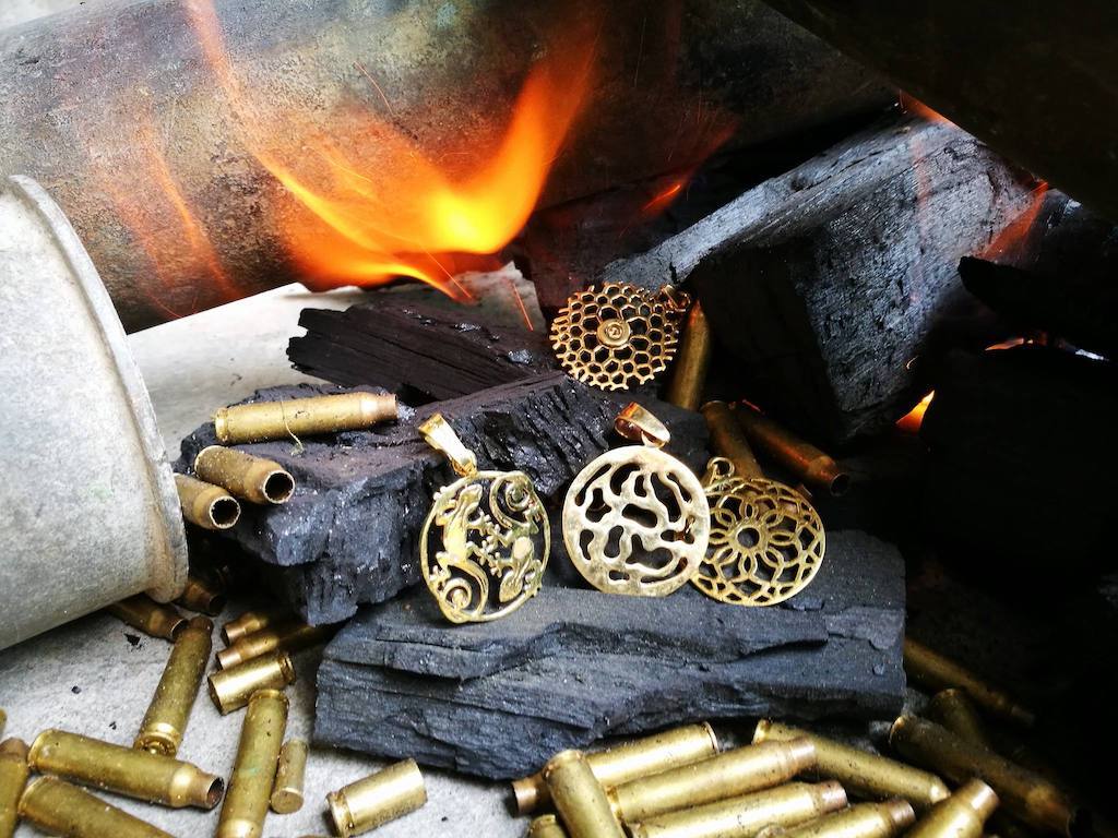 Honeycomb Bomb Earrings Recycled Brass Bullet Center 2 In X 1.25 In Handmade