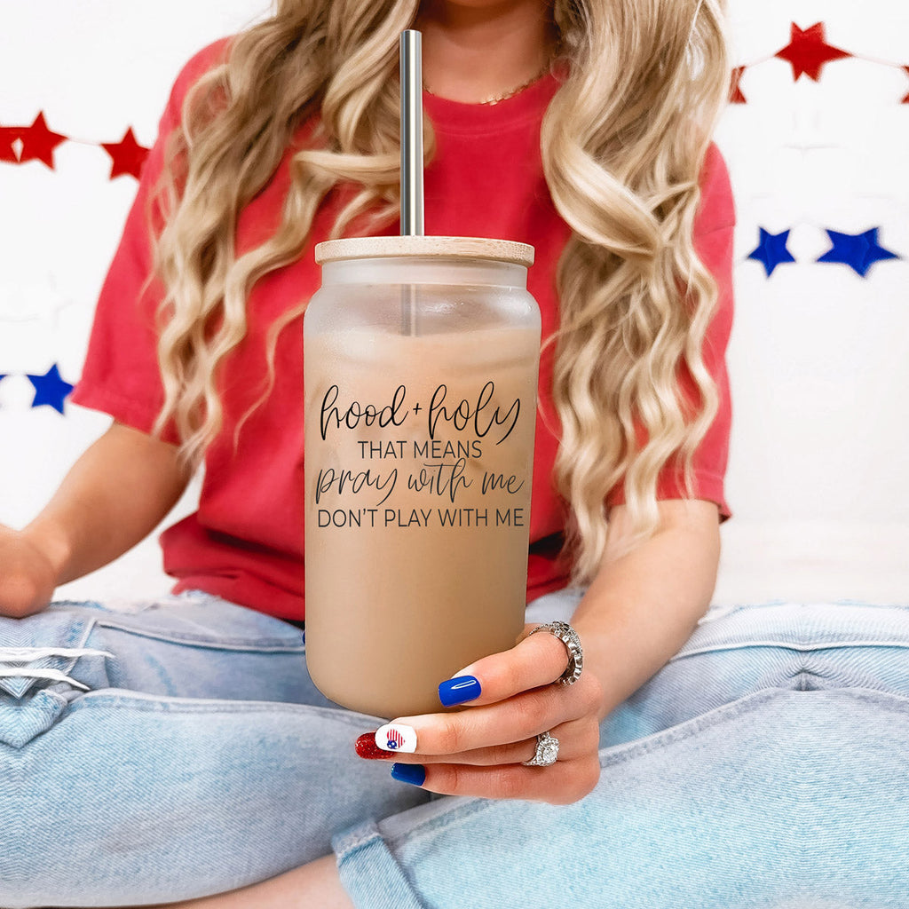Hood And Holy 17oz Glass Tumbler With Bamboo Lid, 2 Stainless Straws And Straw Cleaner