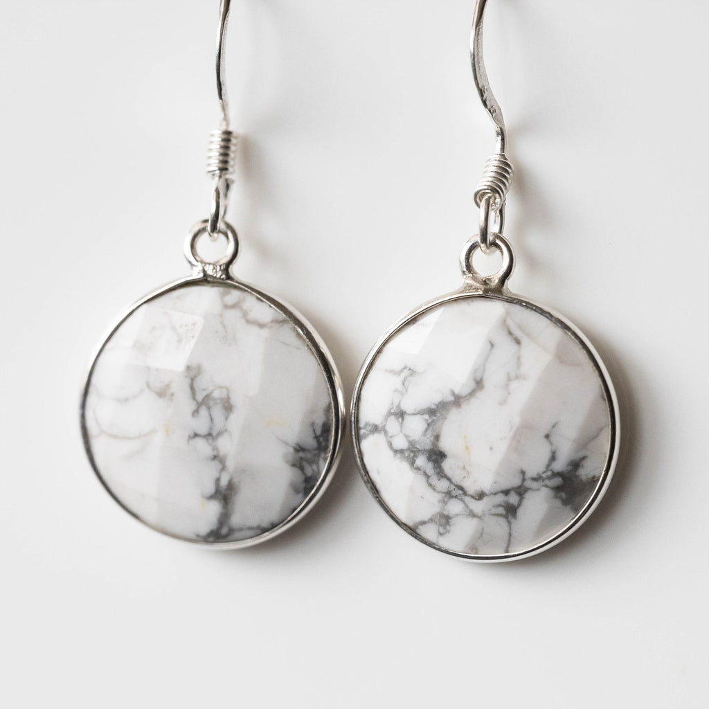 Howlite Round Drop Earrings Natural Stone Silver Dangle
