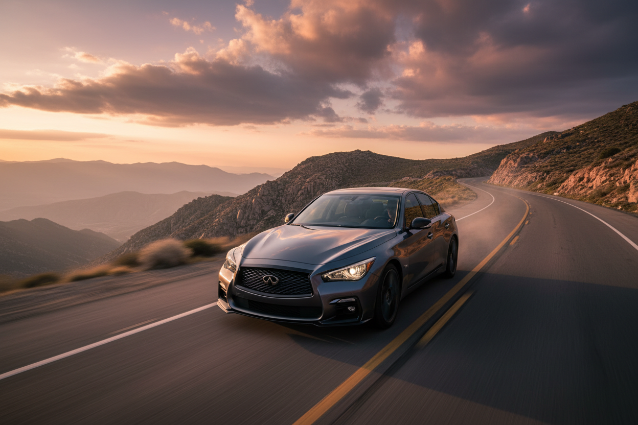 Infiniti Q50 gunmetal grey low angle mountain highway golden hour