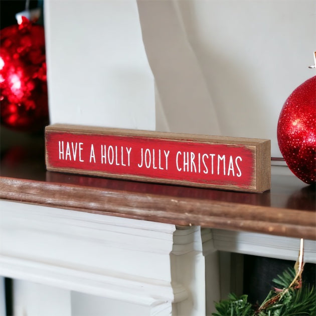 Holly Jolly Christmas Wooden Shelf Sitter Sign Holiday Mantel Shelf Decor Rustic Farmhouse