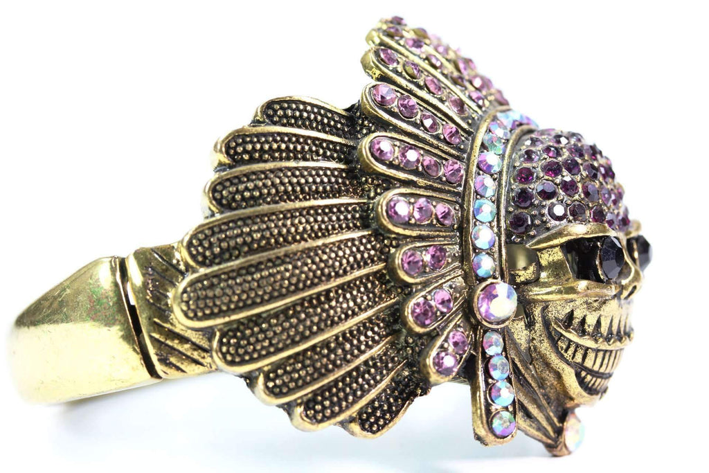 Indian Chief Skull Bangle Vintage Gold Crystal Headdress