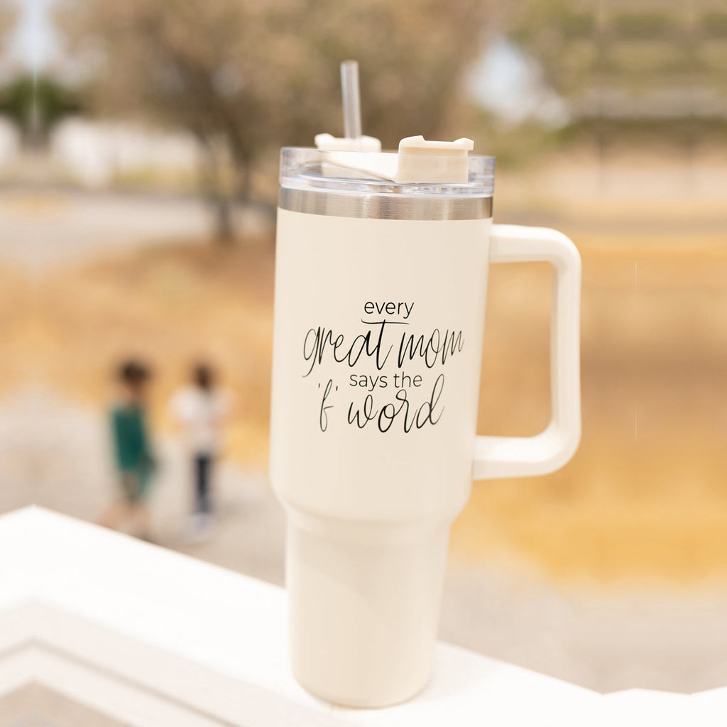 Insulated 40oz Travel Tumbler Mom Says The F Word Handle Lid Straw Gift